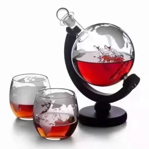 Creative Globe Decanter Set 1L with Lead-free Carafe Exquisite Wood-stand and 2 Whisky Glasses Whiskey Decanter Barware